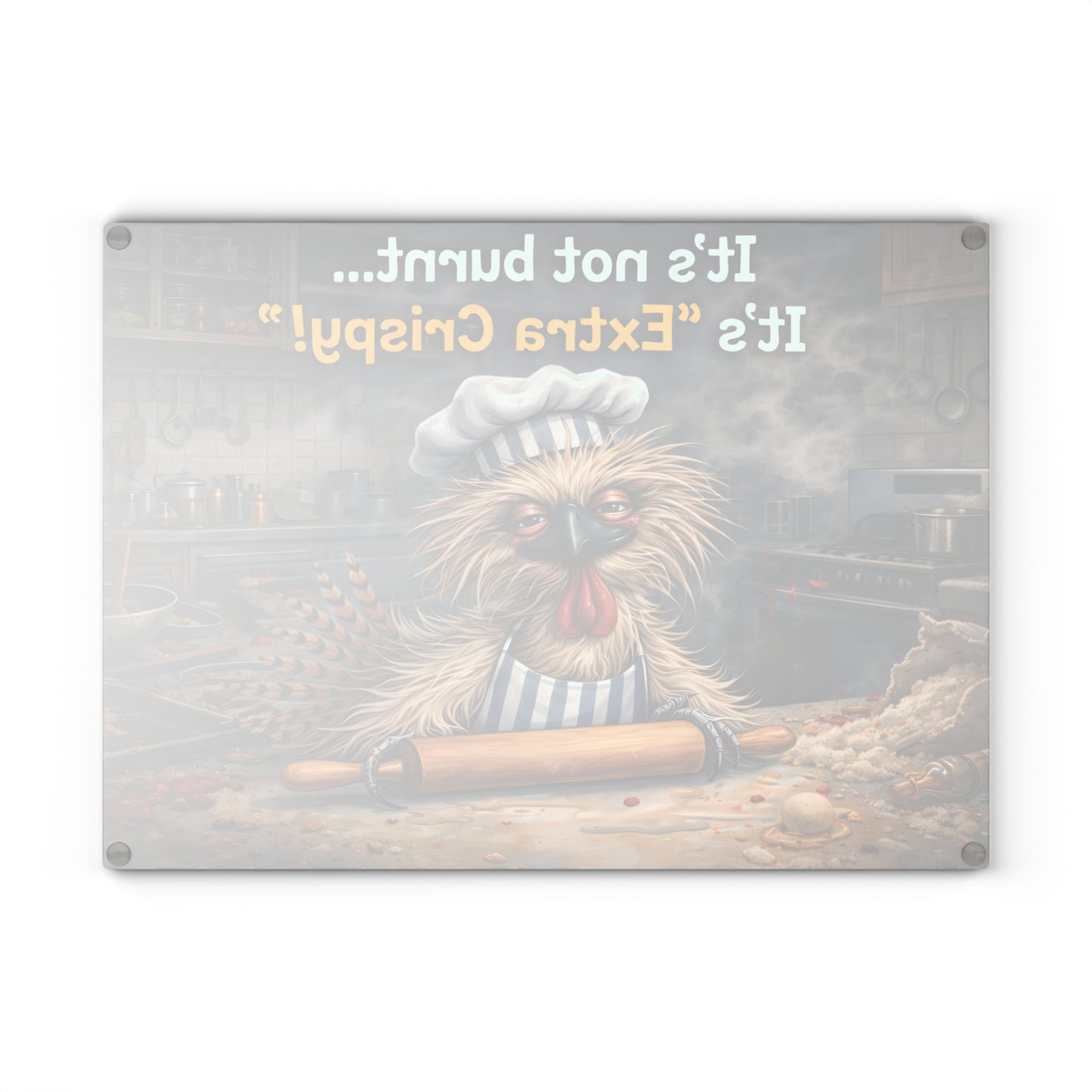 Extra Crispy Kitchen Humor Glass Cutting Board – Playful Baking Chicken Art Decor