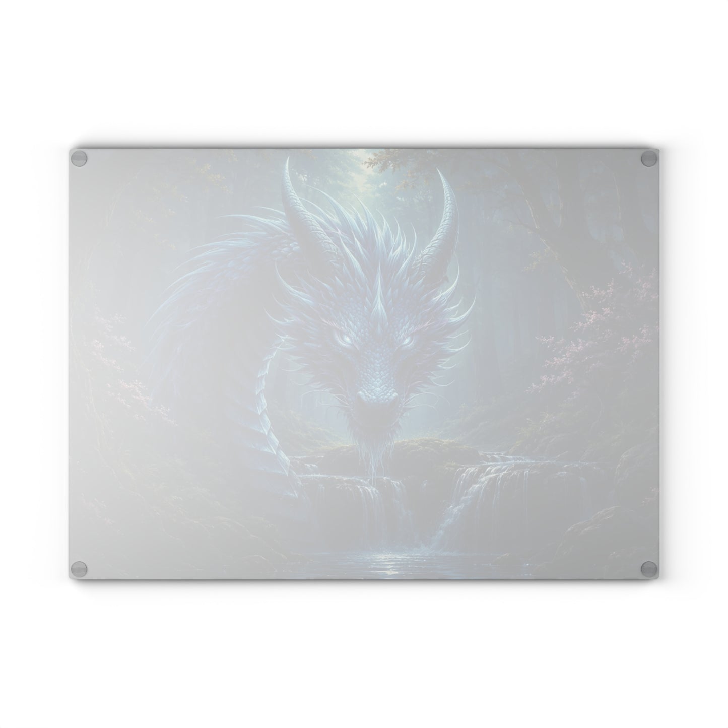 Mystical Blue Dragon Glass Cutting Board – Fantasy Dragon Kitchen Decor, Magical Waterfall Gift