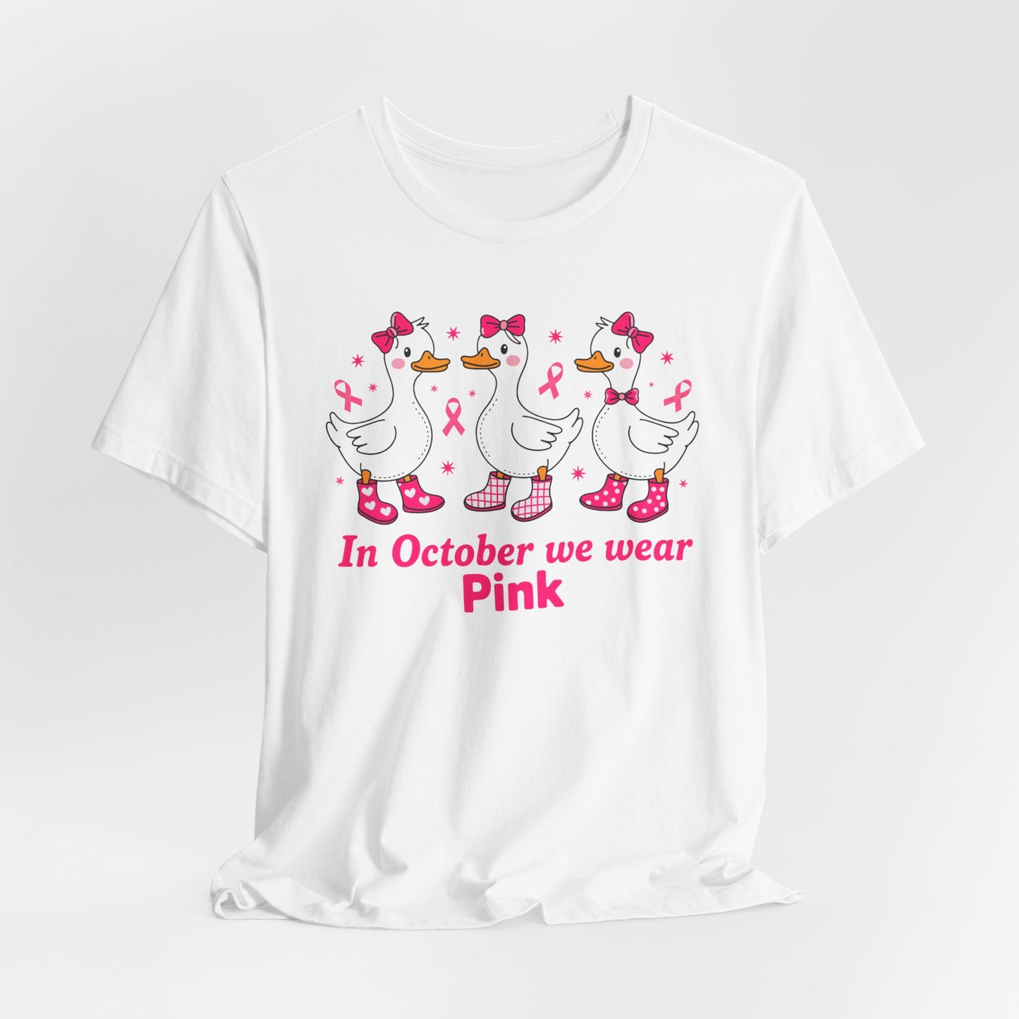 🎀🦆 In October We Wear Pink Duck Boots T-Shirt – Breast Cancer Awareness Tee 💕✨