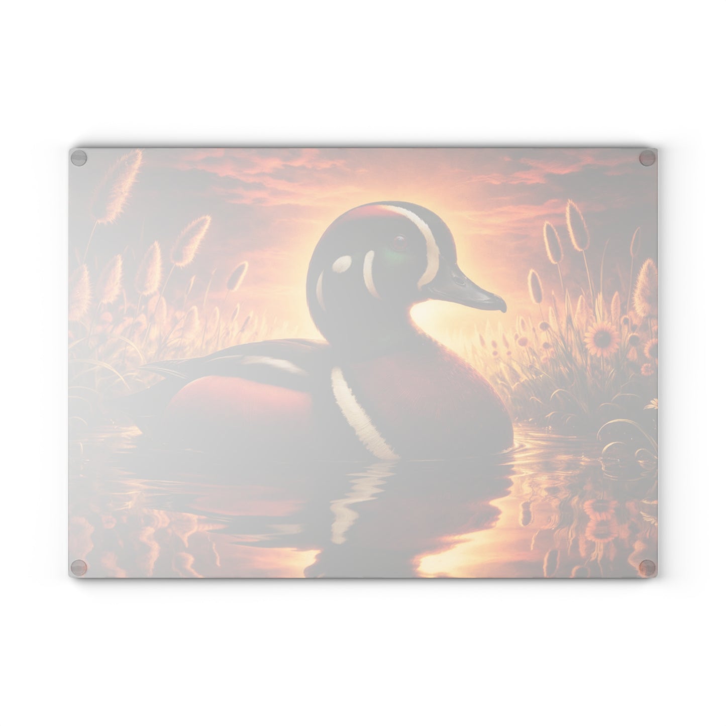 Hooded Merganser Duck at Golden Sunset Glass Cutting Board – Vibrant Wildlife Reflection Artwork