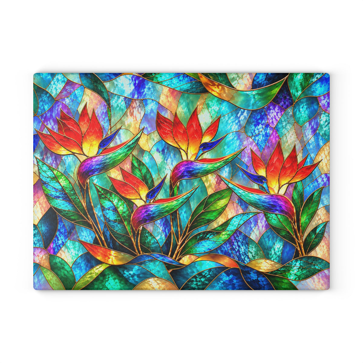 Stained-Glass-Inspired Bird of Paradise Cutting Board – Vibrant Tropical Flowers, Rainbow Foliage & Colorful Botanical Kitchen Décor