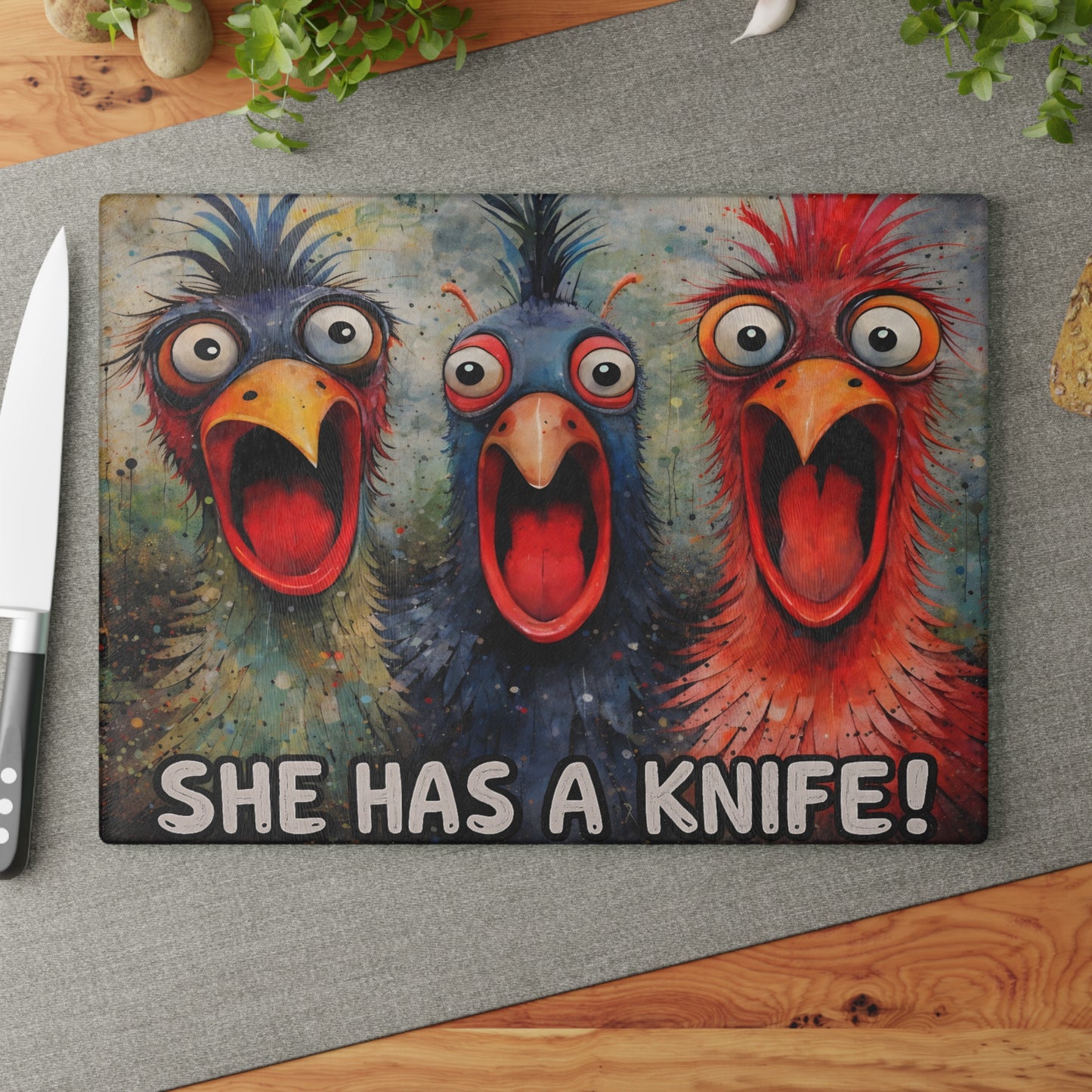 She Has a Knife Glass Cutting Board – Funny Chicken Kitchen Art with Bold Farm Humor