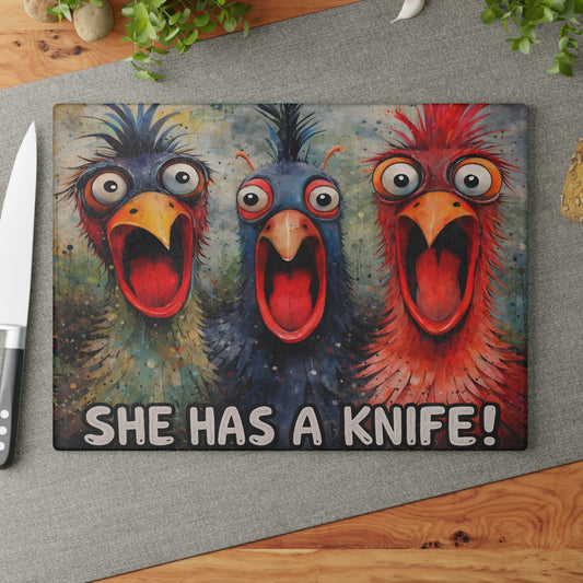 She Has a Knife Glass Cutting Board – Funny Chicken Kitchen Art with Bold Farm Humor