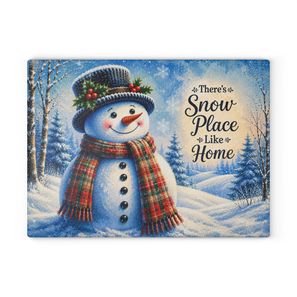 There’s Snow Place Like Home Snowman Glass Cutting Board – Red & Green Plaid Winter Kitchen Decor