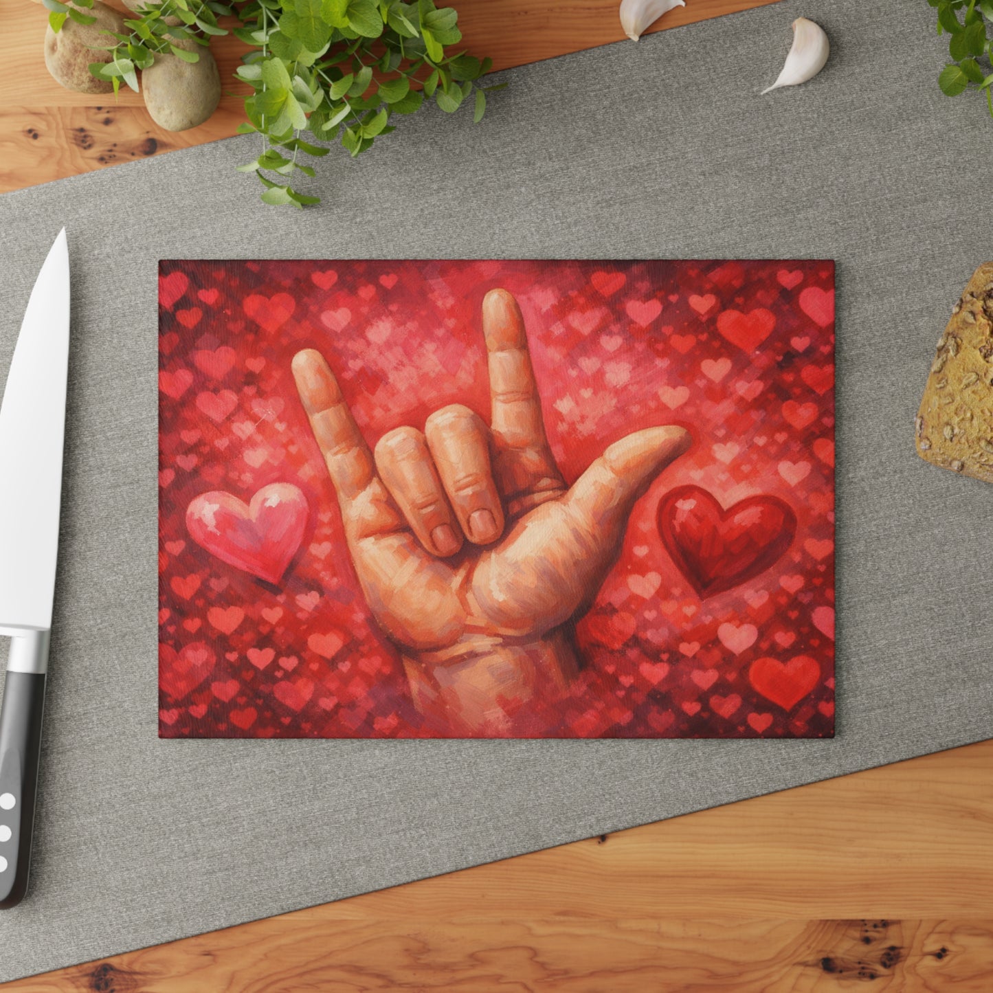 Sign Language “I Love You” Glass Cutting Board – Heartfelt ASL Art Kitchen Display