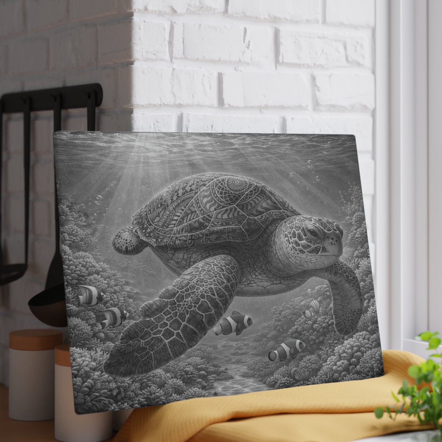 Sacred Depths Sea Turtle Glass Cutting Board – Black & White Ocean Artwork