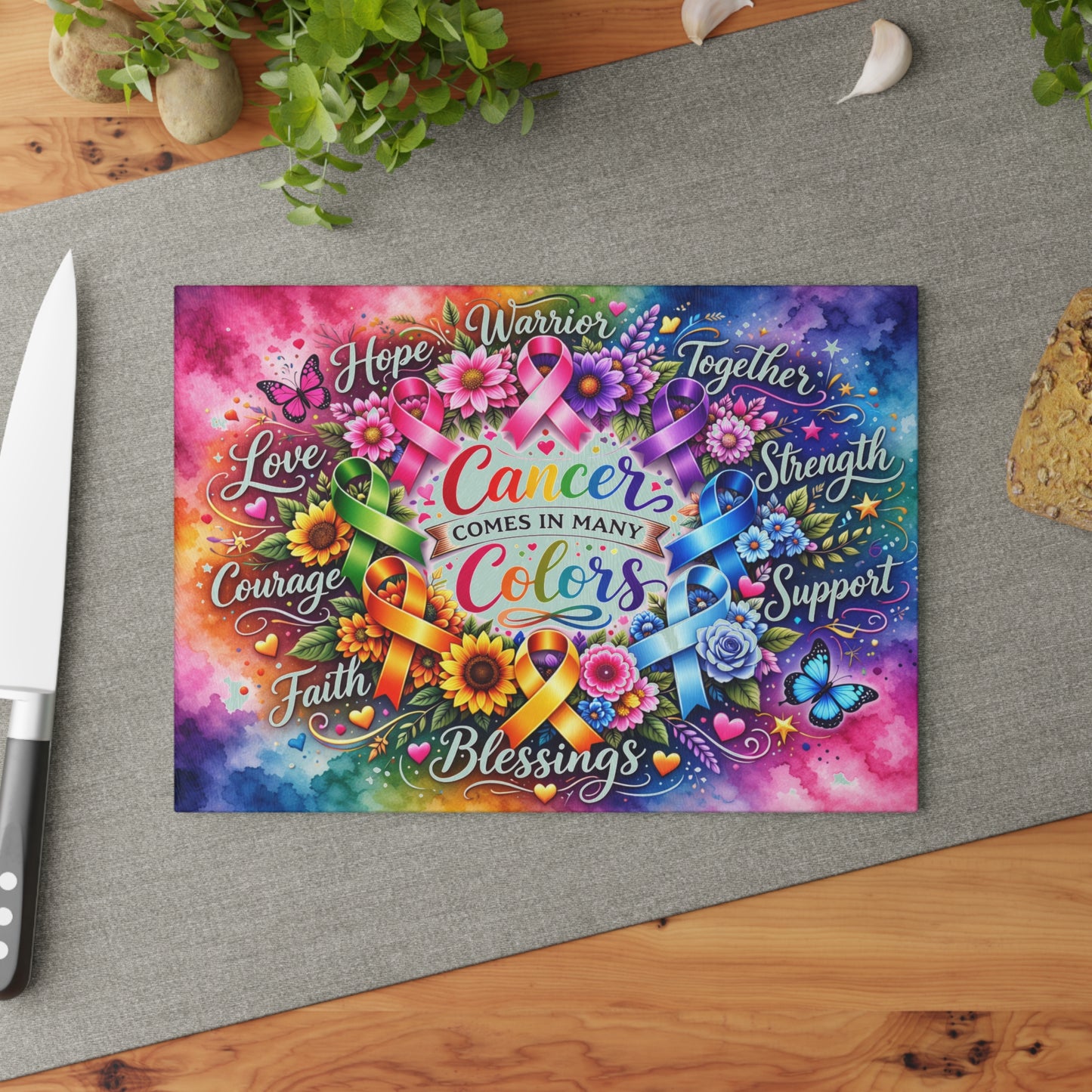 Cancer Comes in Many Colors Glass Cutting Board – Awareness Ribbon Floral Artwork