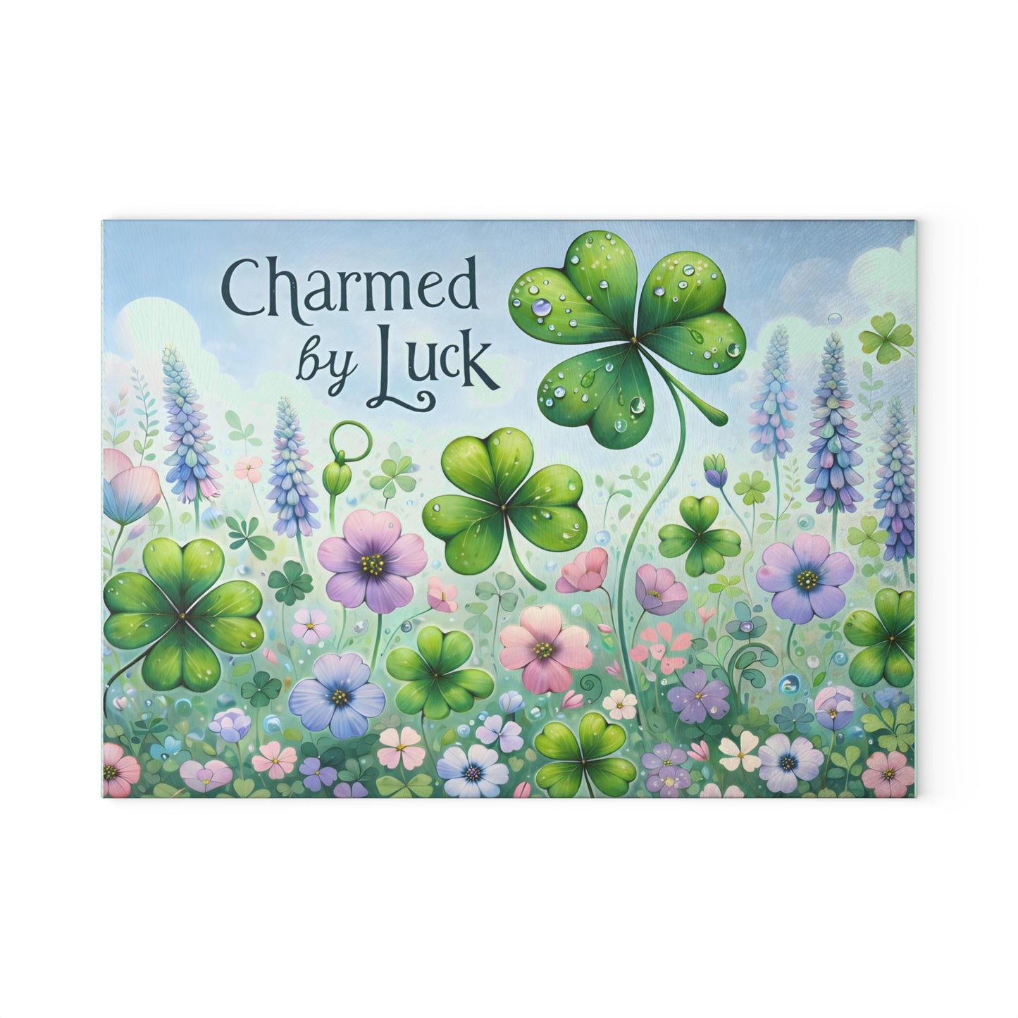 Charmed by Luck Floral Shamrock Glass Cutting Board – Whimsical St. Patrick’s Day Kitchen Art