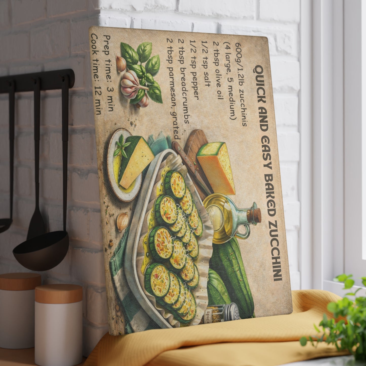 Quick and Easy Baked Zucchini Glass Cutting Board – Simple Oven Recipe Kitchen Art