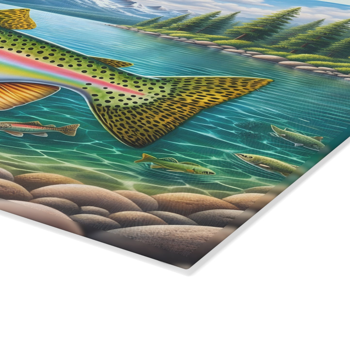 Fishing Is My Life Glass Cutting Board – Colorful Trout Lake Fishing Artwork