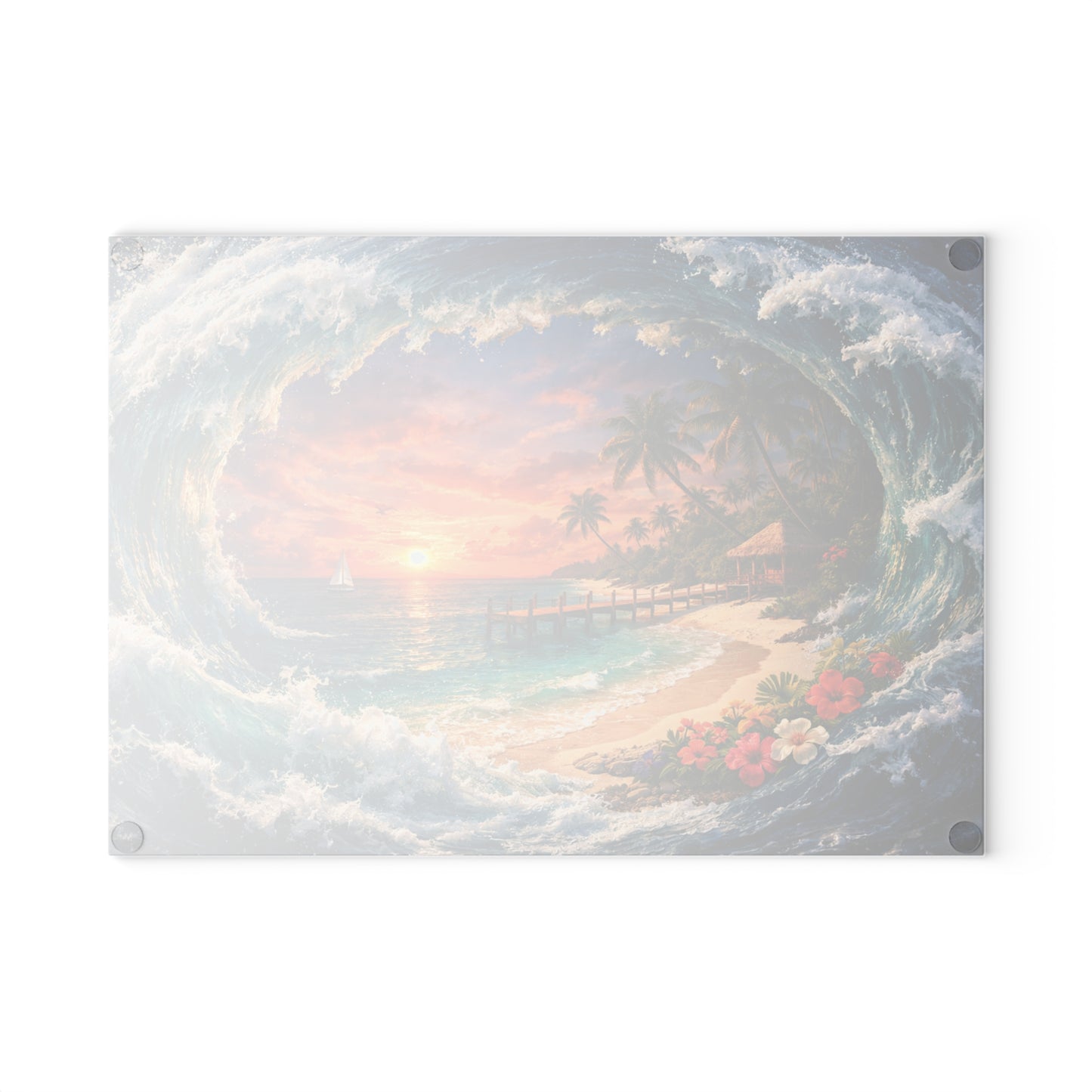 Coastal Escape Glass Cutting Board – Tropical Wave Sunset Kitchen Art & Display Board