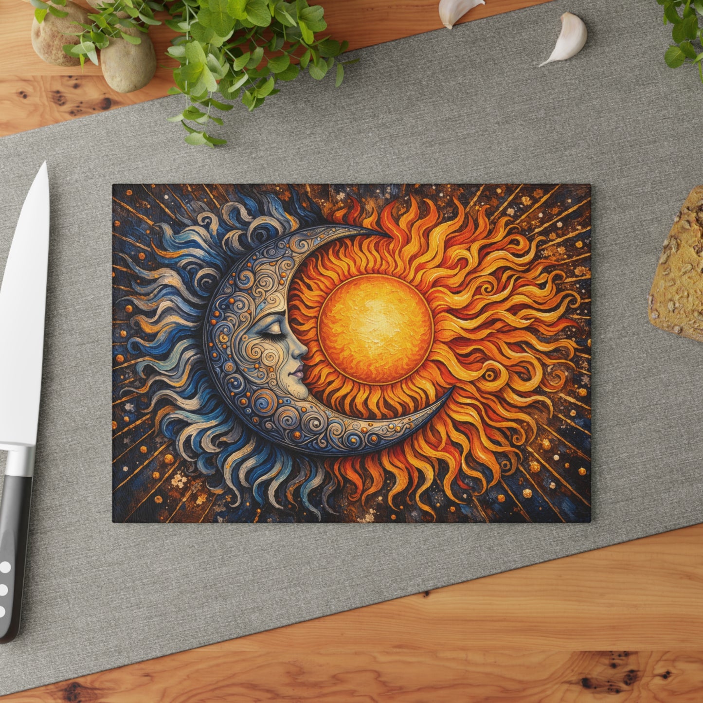 Celestial Sun and Moon Glass Cutting Board – Cosmic Balance Artwork