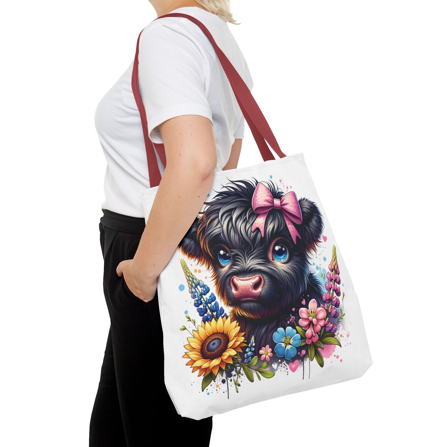 🌸 Black Highland Calf Floral Tote Bag – Sweet Style for Every Age 🐮👜