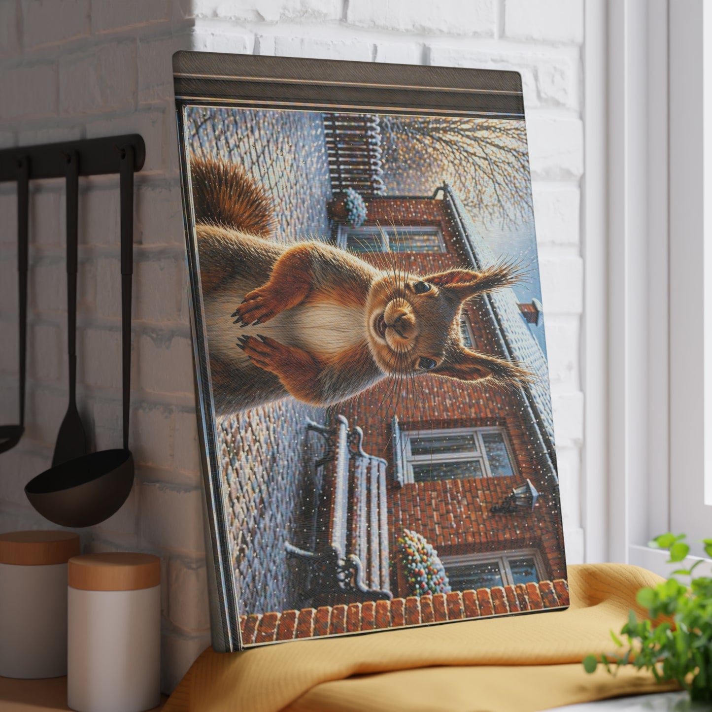 Winter Squirrel Window Glass Cutting Board