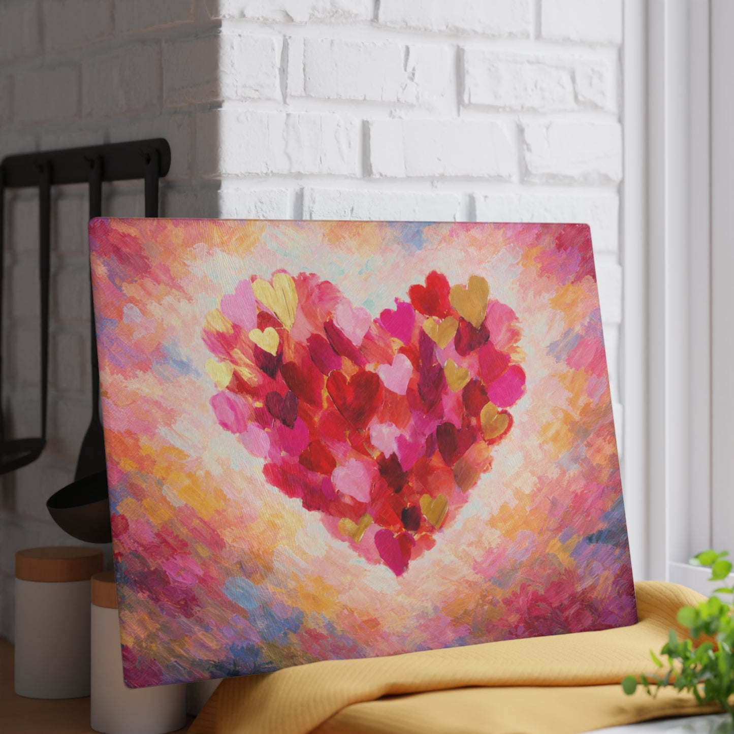 Abstract Heart Art Glass Cutting Board – Colorful Painted Love Kitchen Decor