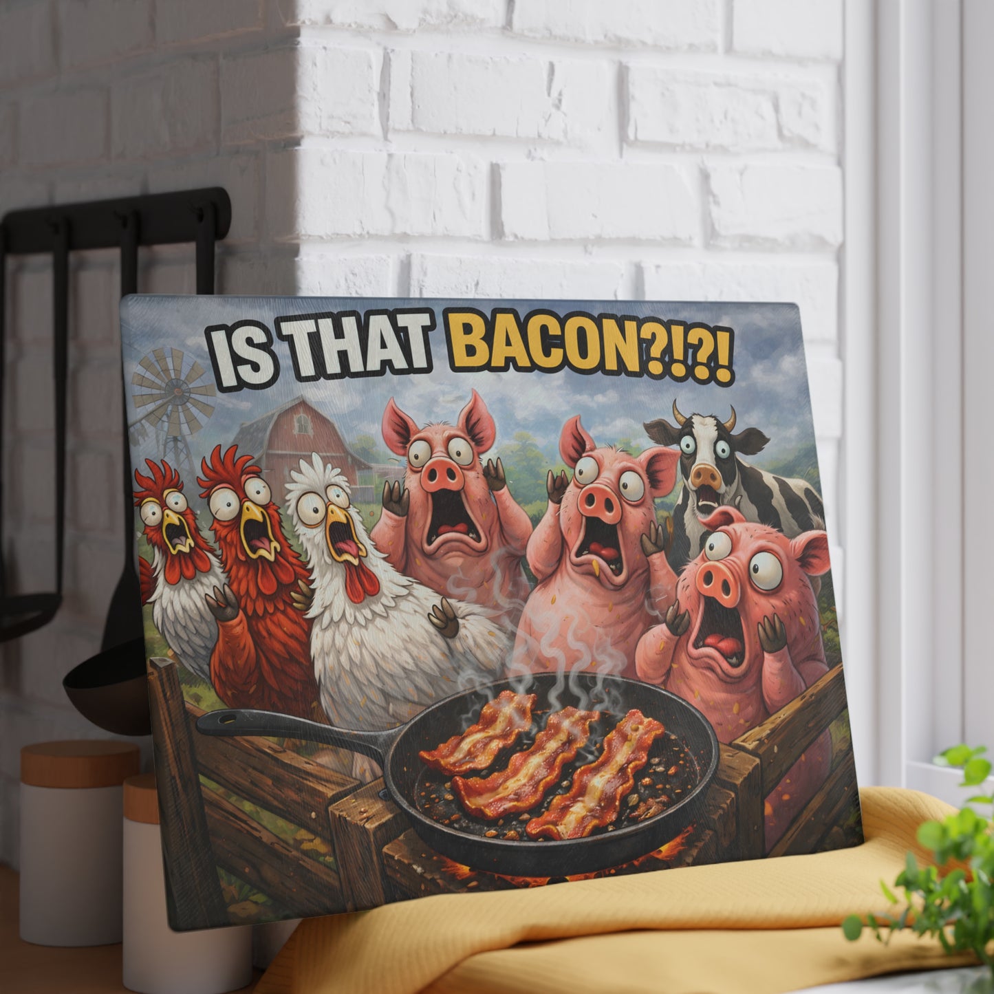 Is That Bacon?! Glass Cutting Board – Funny Farm Animal Kitchen Chaos Art