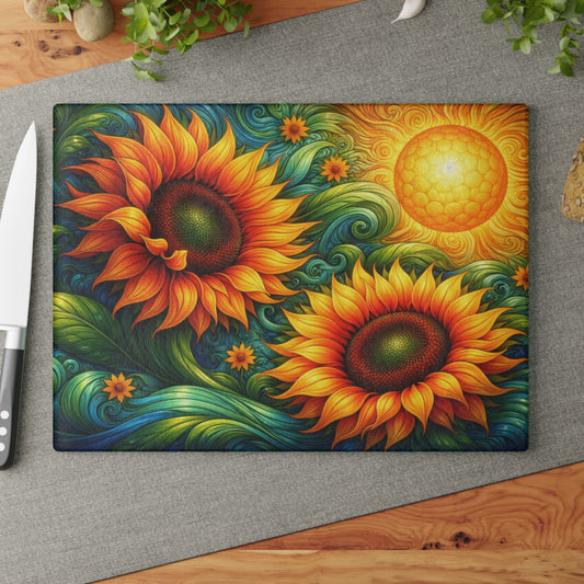 Sunflower Swirl Glass Cutting Board – Vibrant Farmhouse Kitchen Decor