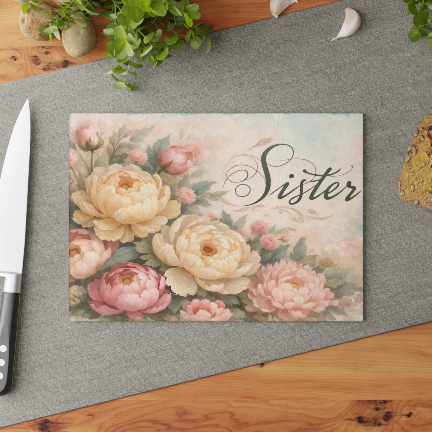 Sister Floral Glass Cutting Board – Elegant Kitchen Gift for Her