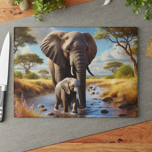 Tabla de cortar de vidrio templado con forma de mamá elefante y su bebé
