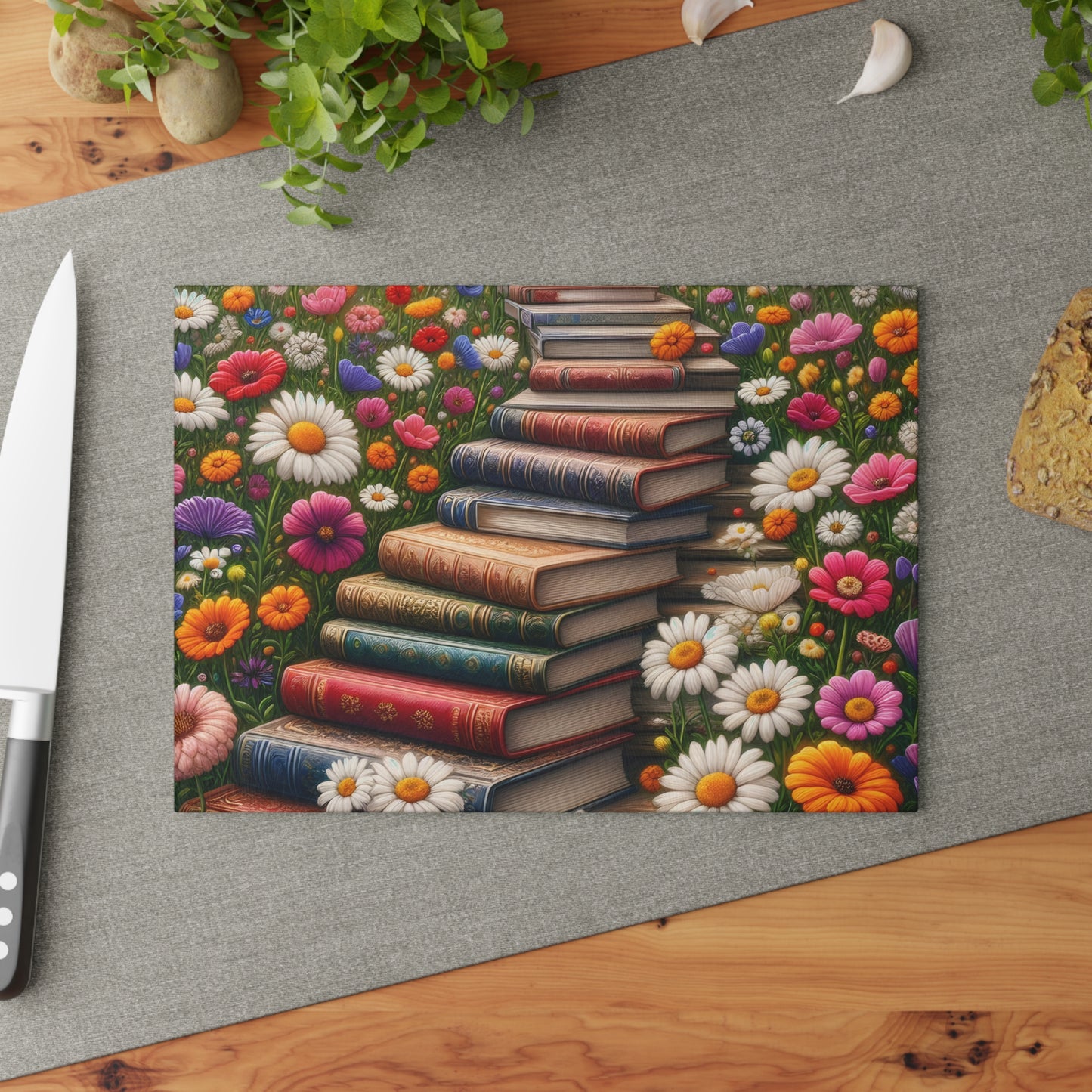 📚 Stacked Books & Wildflowers Cutting Board – Literary Charm Meets Kitchen Elegance 🌸