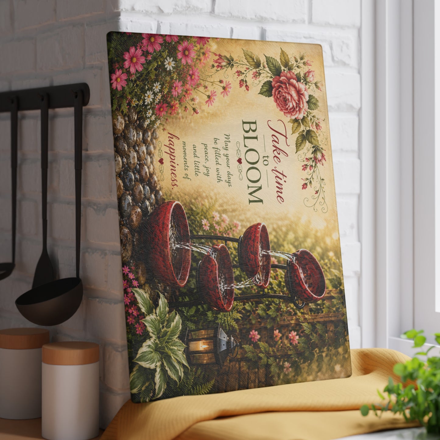 Take Time to Bloom Glass Cutting Board – Inspirational Garden Water Fountain Artwork with Peaceful Floral Design