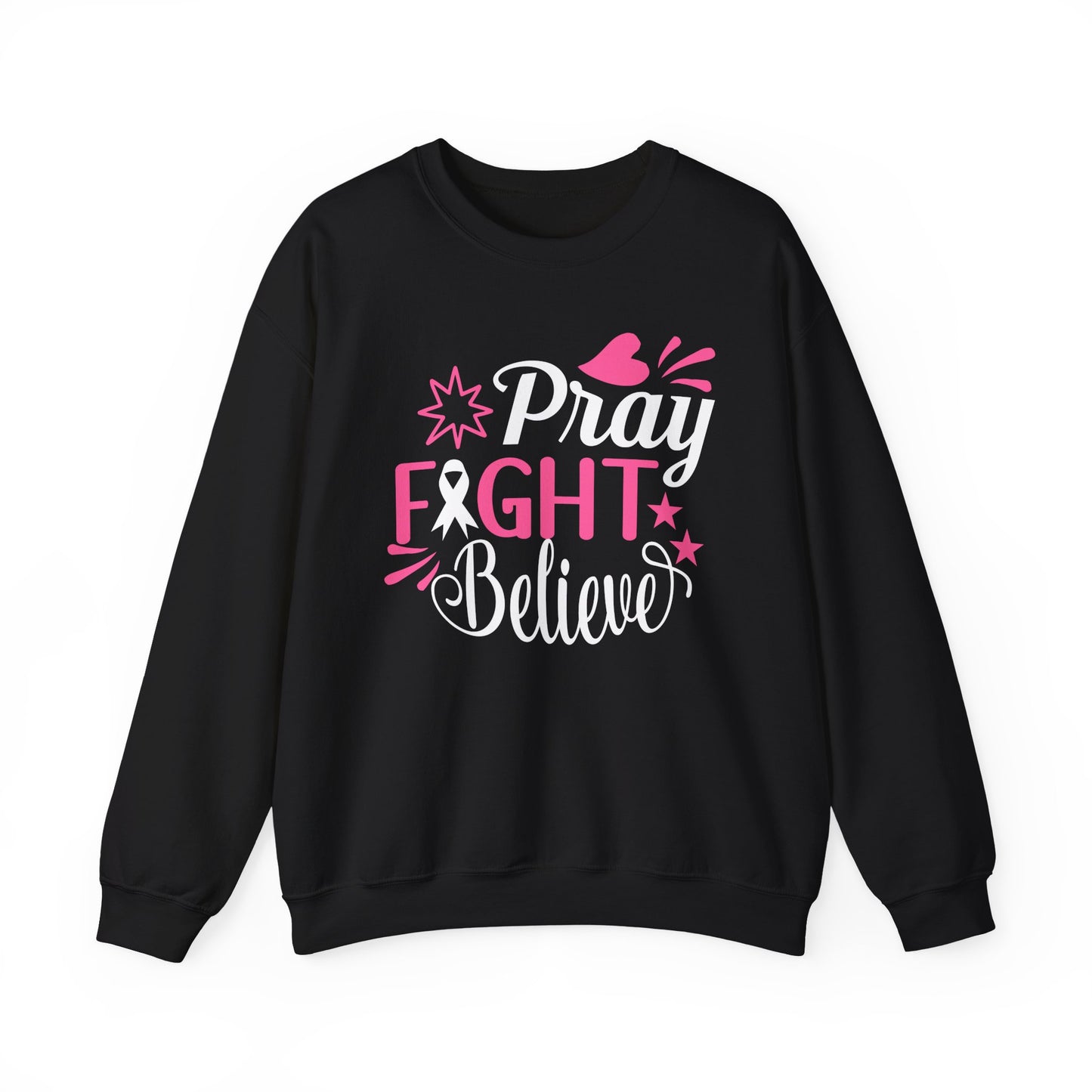 🙏🎀 Pray Fight Believe Sweatshirt – Breast Cancer Awareness & Faith Crewneck
