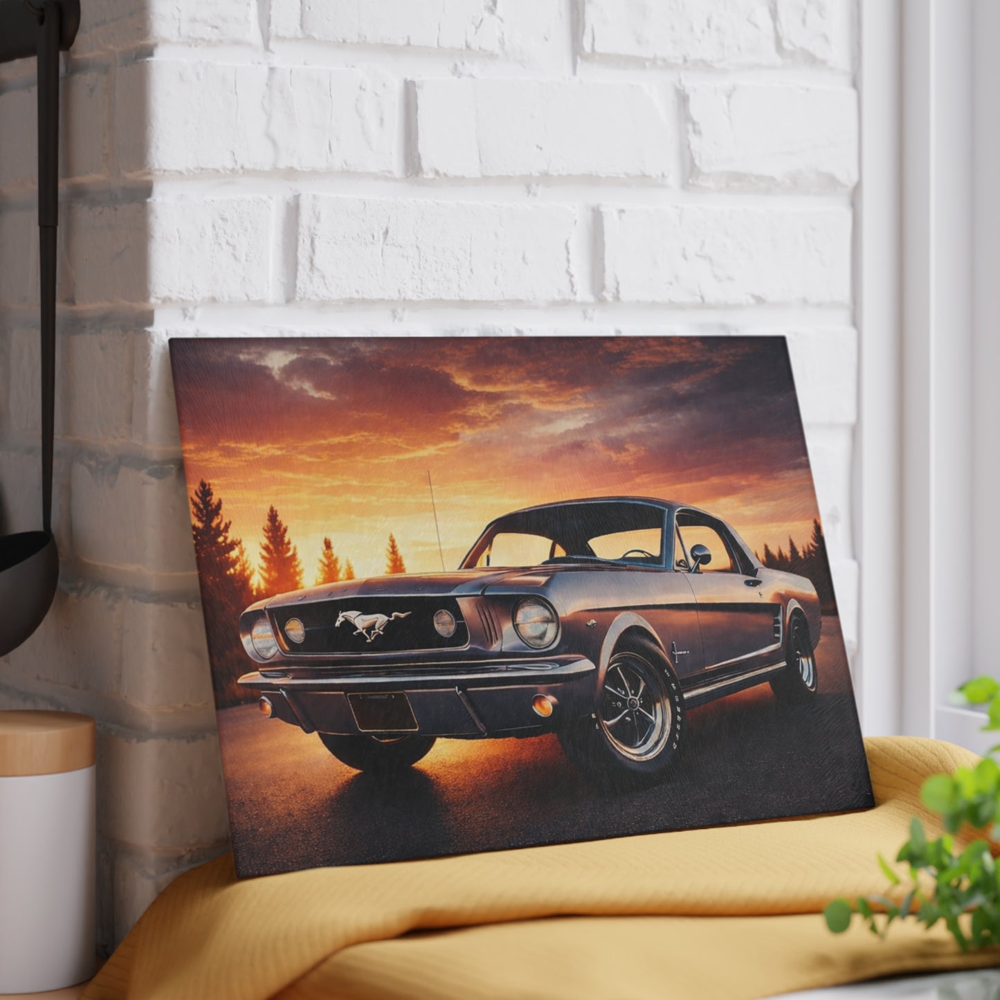 Classic Muscle Car Sunset Glass Cutting Board – Vintage American Auto Kitchen Art & Display Board
