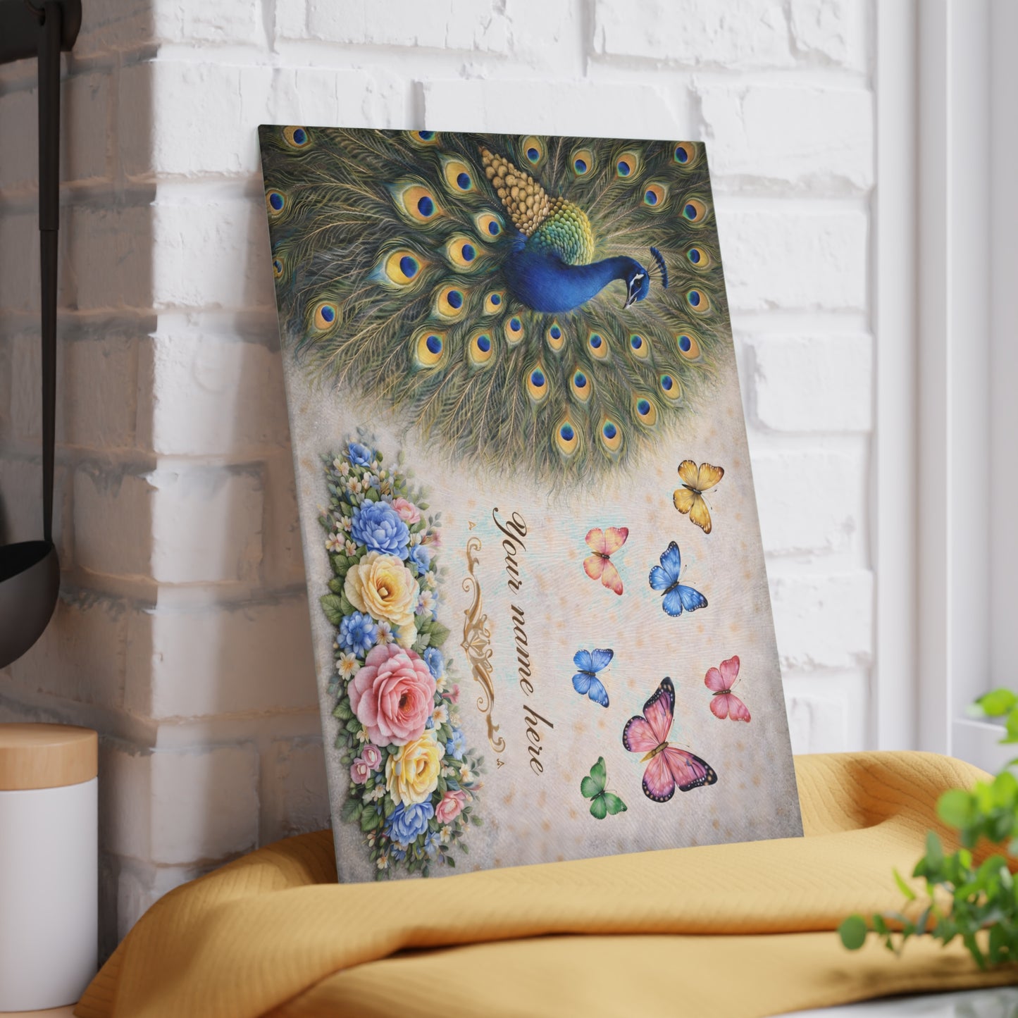 Personalized Peacock Glass Cutting Board – Elegant Butterfly & Floral Kitchen Display