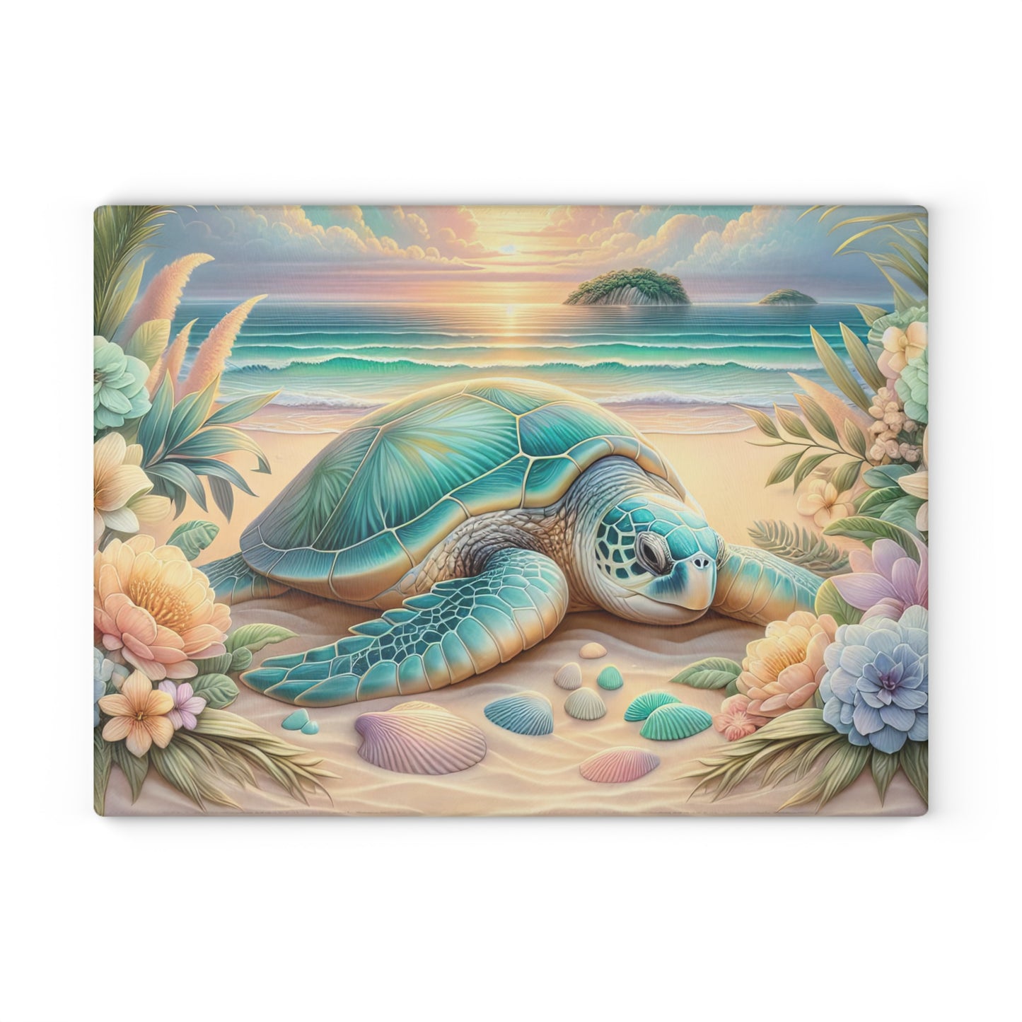 Tabla de cortar con diseño de tortuga marina y flores de playa: un escape tranquilo al océano para tu cocina