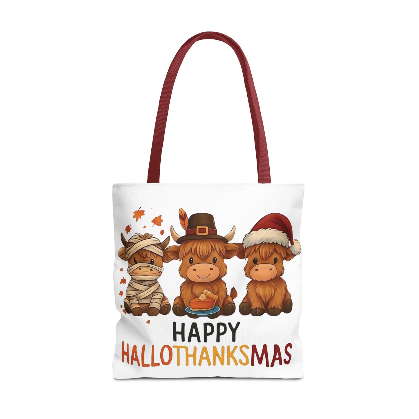 🐮 Happy Hallothanksmas Highland Cow Tote Bag – Holiday Fun All Season 🎃🦃🎄👜