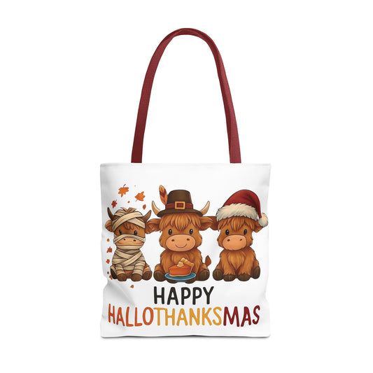 🐮 Happy Hallothanksmas Highland Cow Tote Bag – Holiday Fun All Season 🎃🦃🎄👜