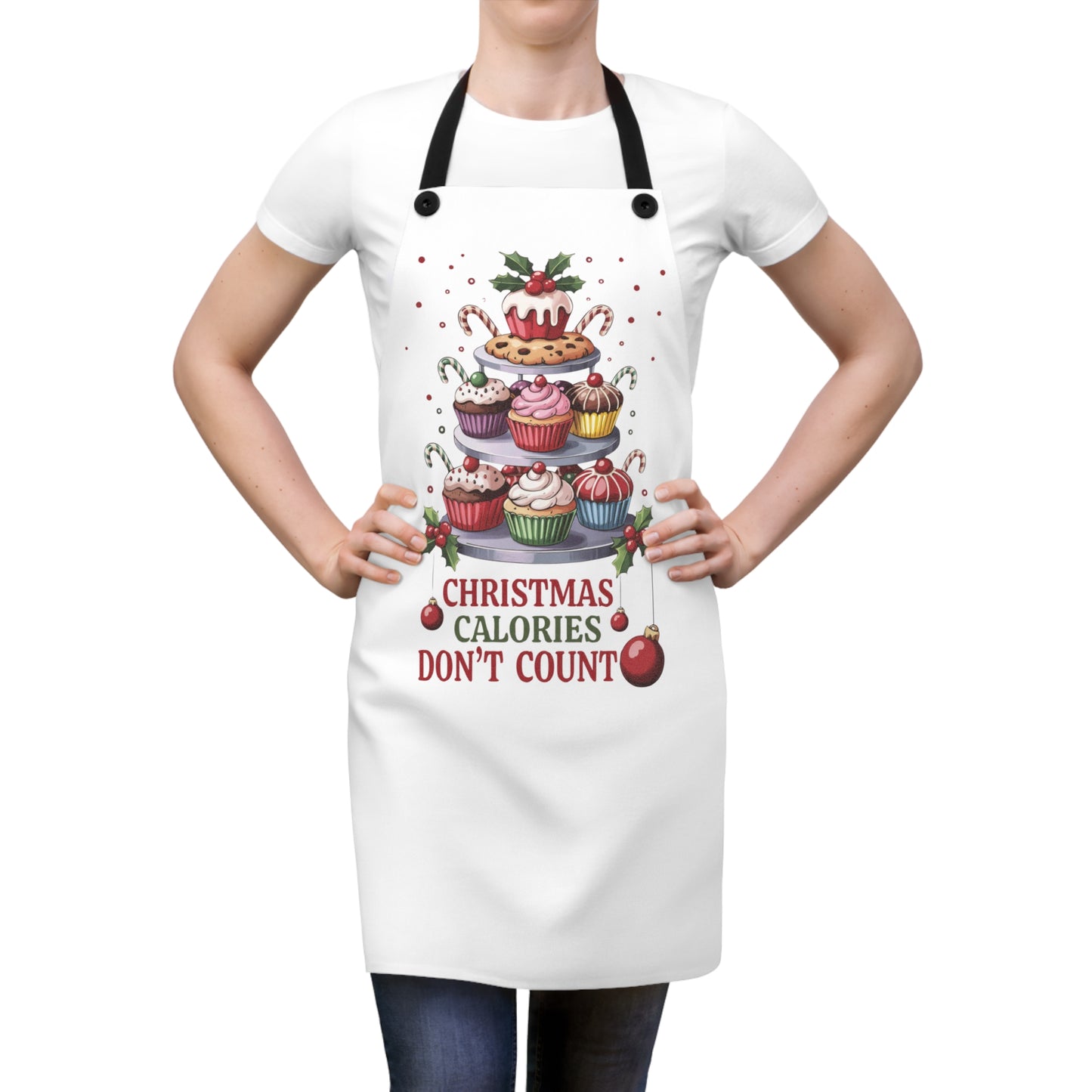 🎄🧁 “Christmas Calories Don’t Count” Holiday Baking Apron – Cupcake Tower Cheer