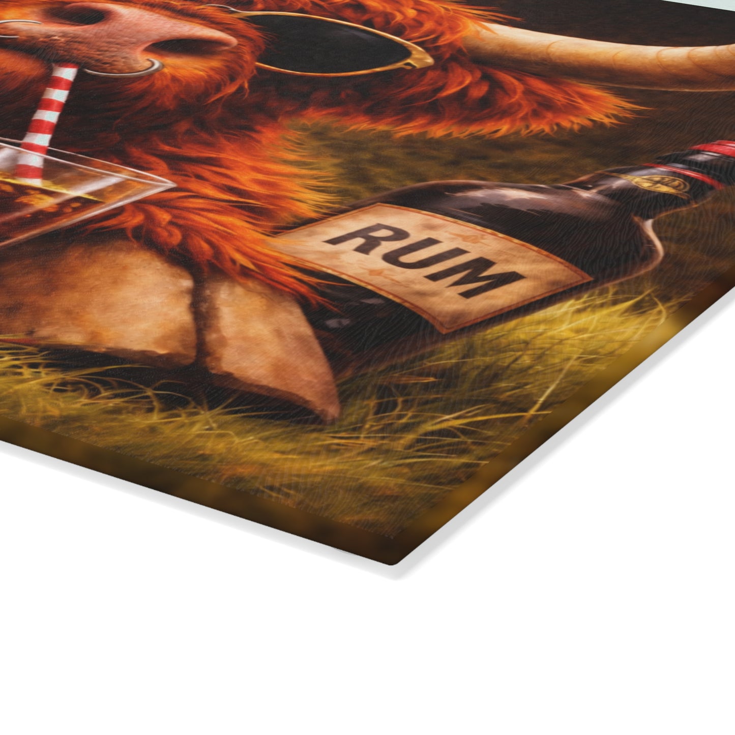 Sunglasses Highland Cow Glass Cutting Board – Bold Farm Bar Art with Playful Attitude