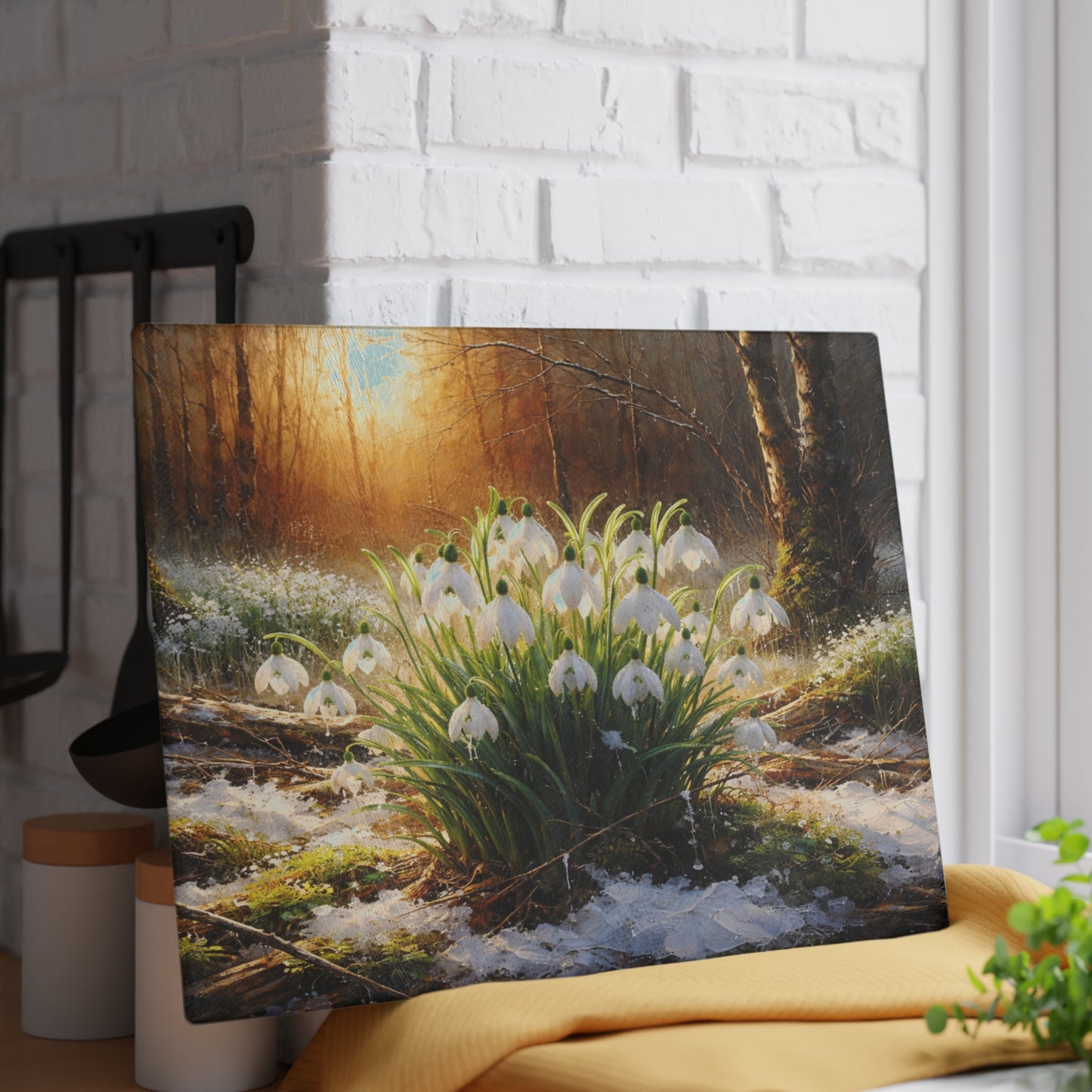 Snowdrops in Winter Forest Glass Cutting Board – Early Spring Botanical Nature Art