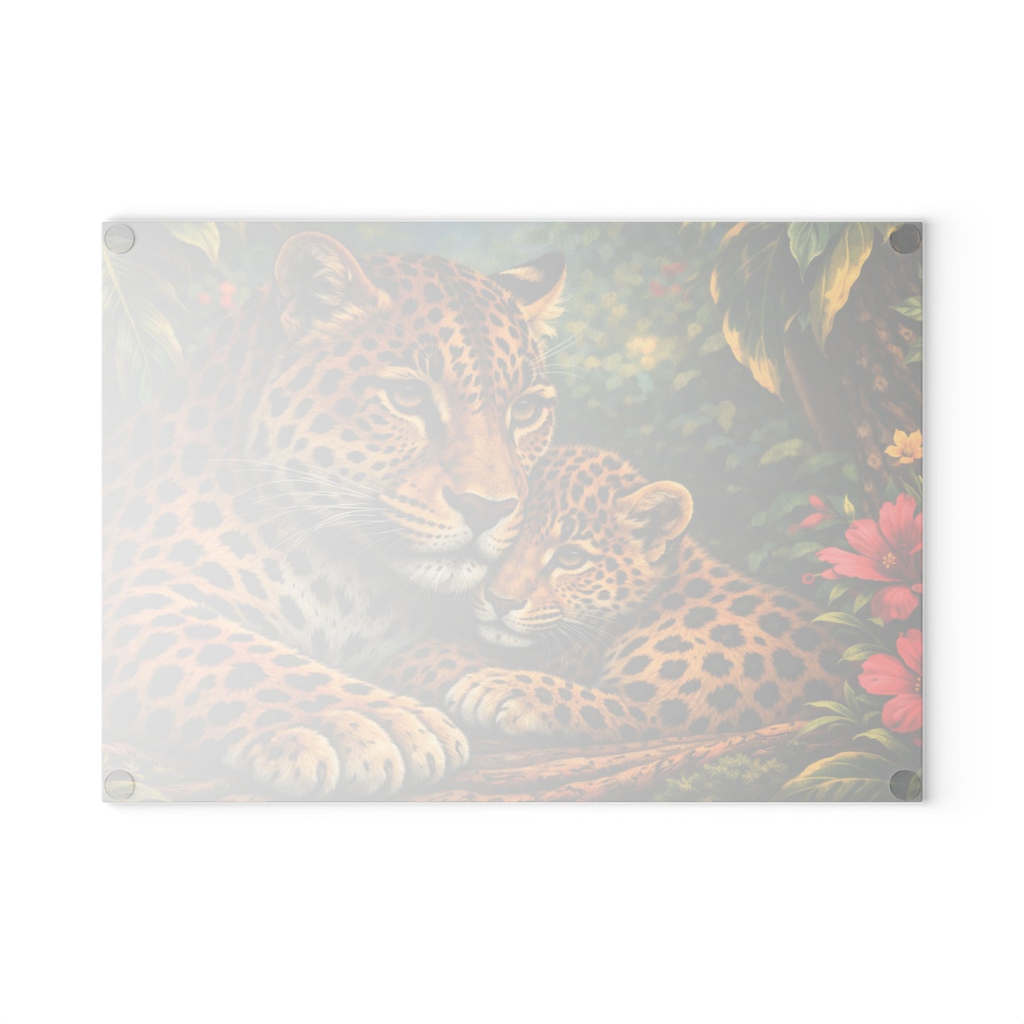 Leopard Mother and Cub Glass Cutting Board – Jungle Wildlife Family Artwork