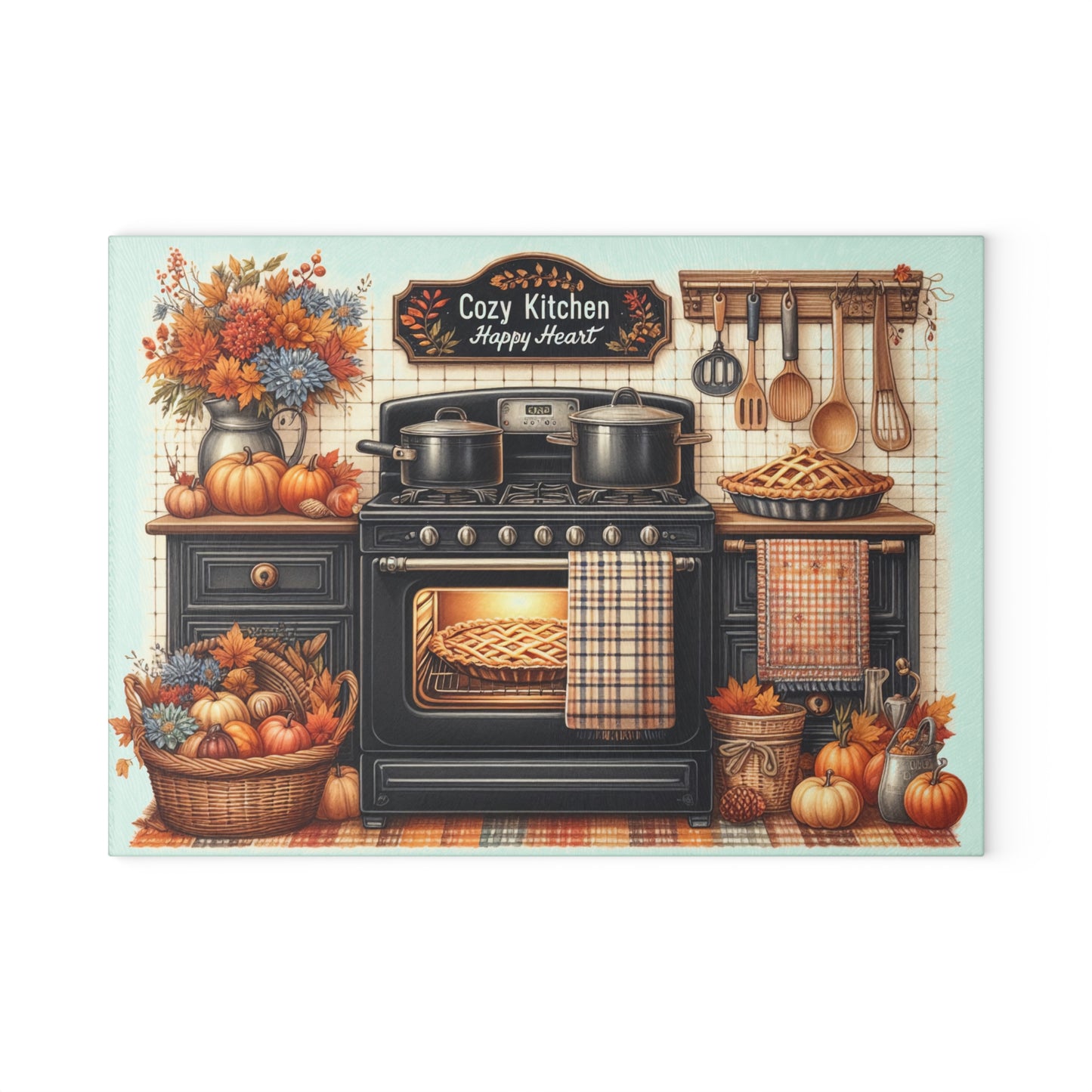 Cozy Autumn Kitchen Cutting Board – Warm Fall Baking & Harvest Décor