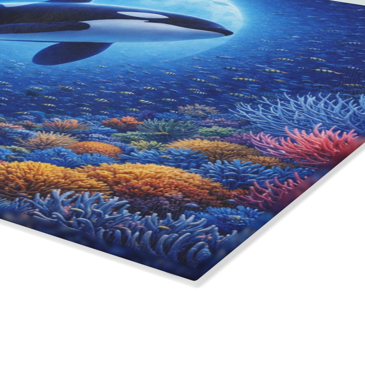 Moonlit Orca Glass Cutting Board – Majestic Ocean Night Artwork