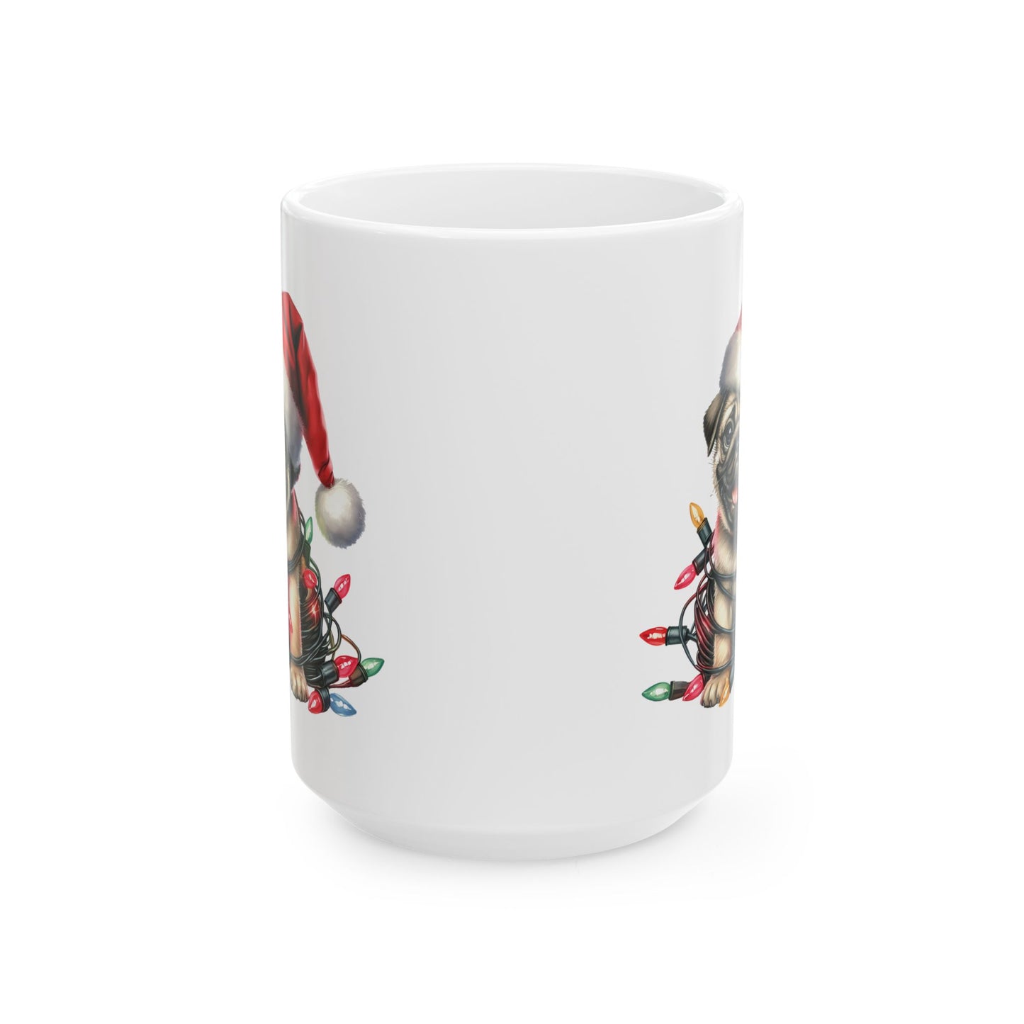 🎄 Pug Christmas Mug – Festive Santa Hat & Tangled Lights Delight 🎁
