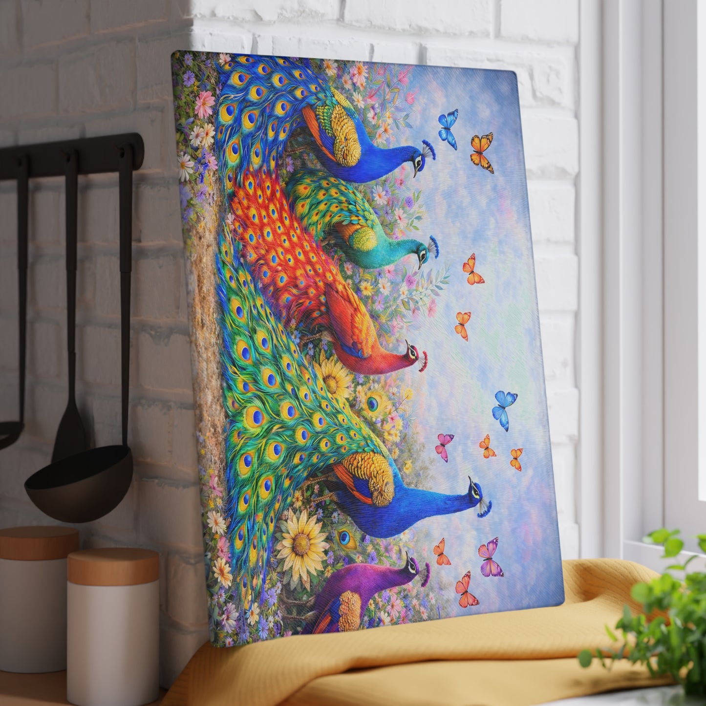 Peacock Glass Cutting Board – Elegant Nature-Inspired Kitchen Accent