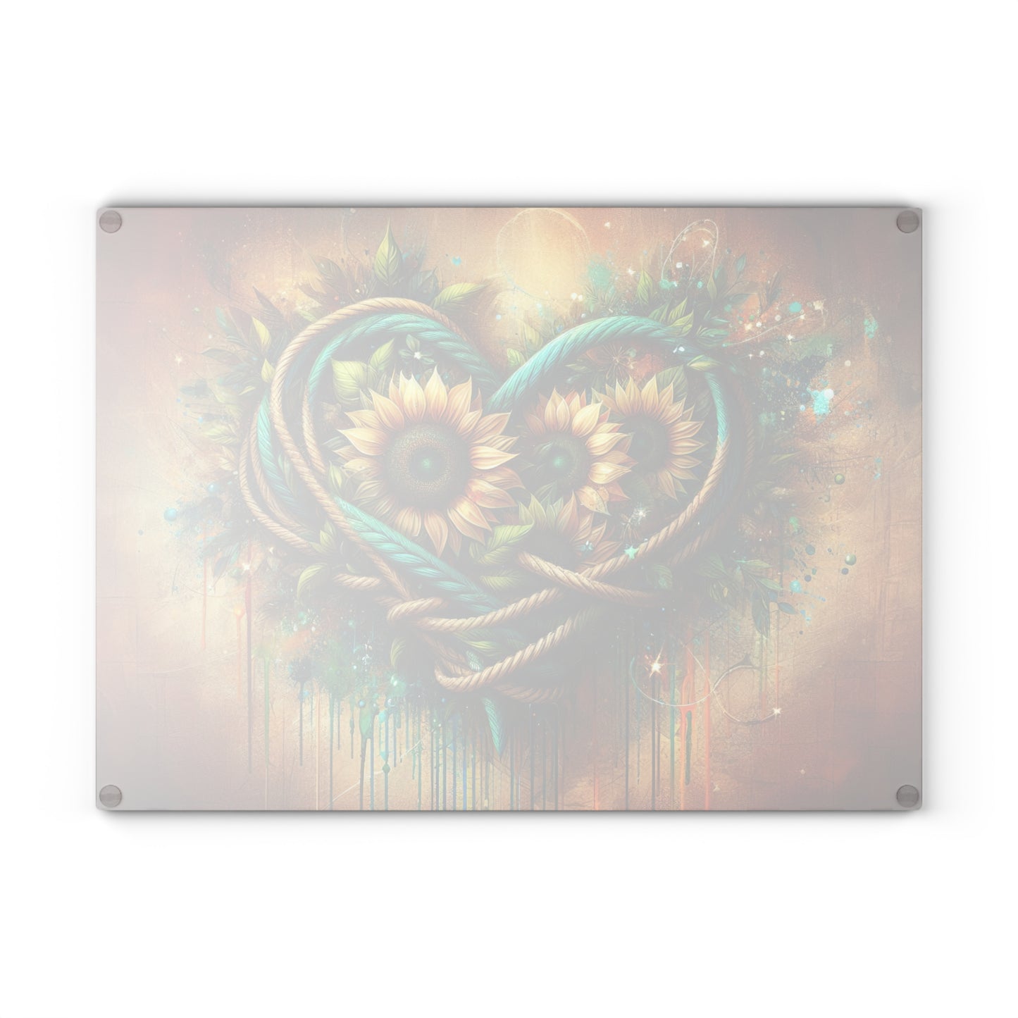 Sunflower Rope Heart Glass Cutting Board – Rustic Floral Love Kitchen Display