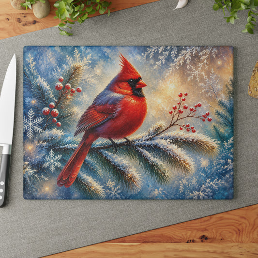 Winter Cardinal Glass Cutting Board – Snowy Red Bird & Evergreen Kitchen Decor