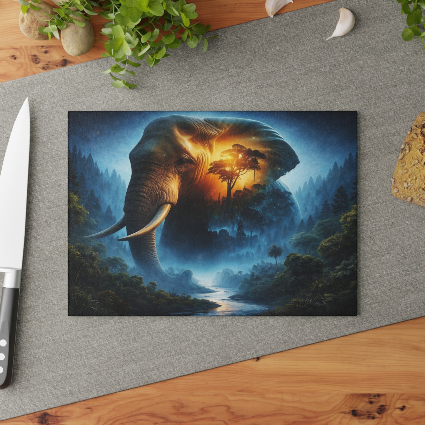 Cosmic Elephant Spirit Forest Glass Cutting Board – Mystical Wildlife Nature Kitchen Art