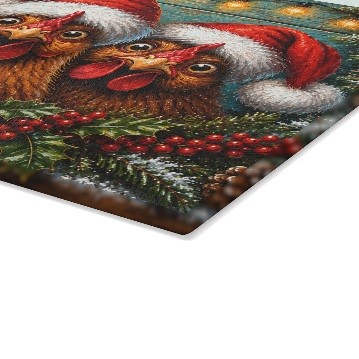 Christmas Chickens in Santa Hats Glass Cutting Board – Funny Holiday Farmhouse Kitchen Decor