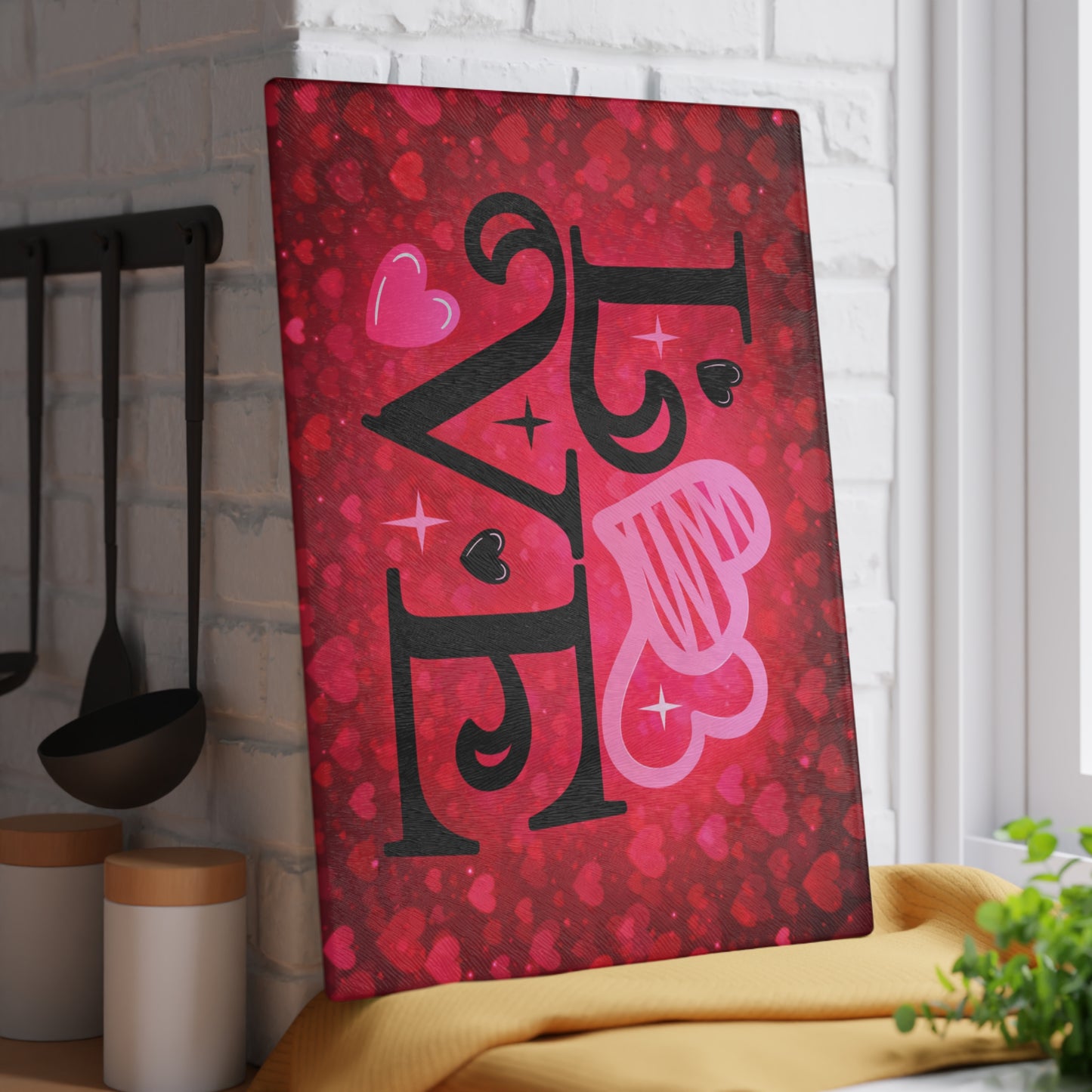 LOVE Heart Typography Glass Cutting Board – Romantic Red Heart Design for Meaningful Home Decor