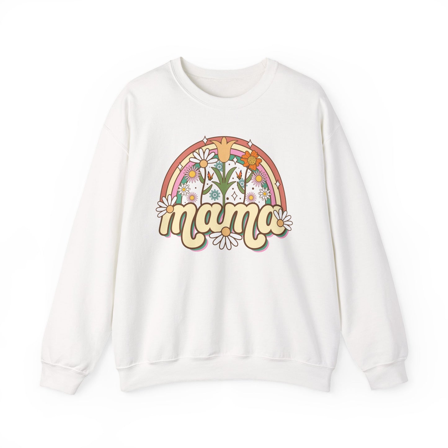 🌼🌈 Retro Floral Mama Sweatshirt – Vintage Rainbow Daisy Mom Crewneck