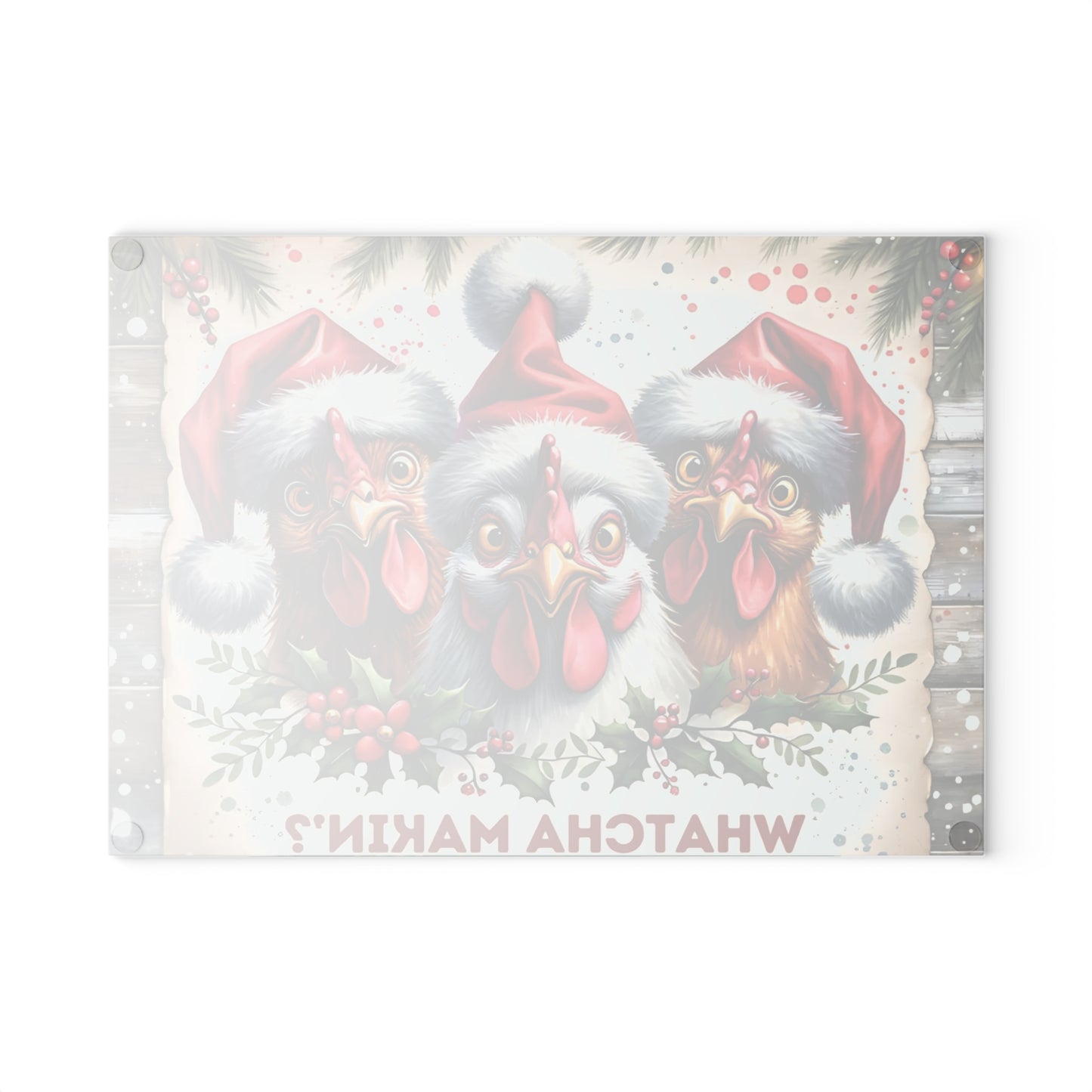 🎄🐔 “Whatcha Makin’?” Glass Cutting Board – Christmas Chickens & Kitchen Giggles