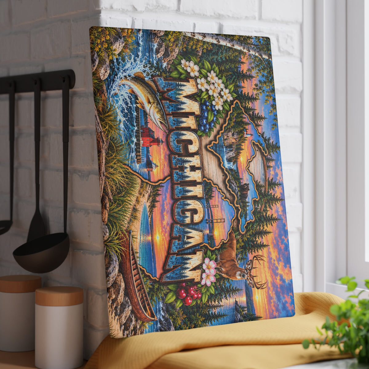 Michigan Scenic Glass Cutting Board – Great Lakes, Lighthouse, Deer, Black Bear & Michigan State Décor