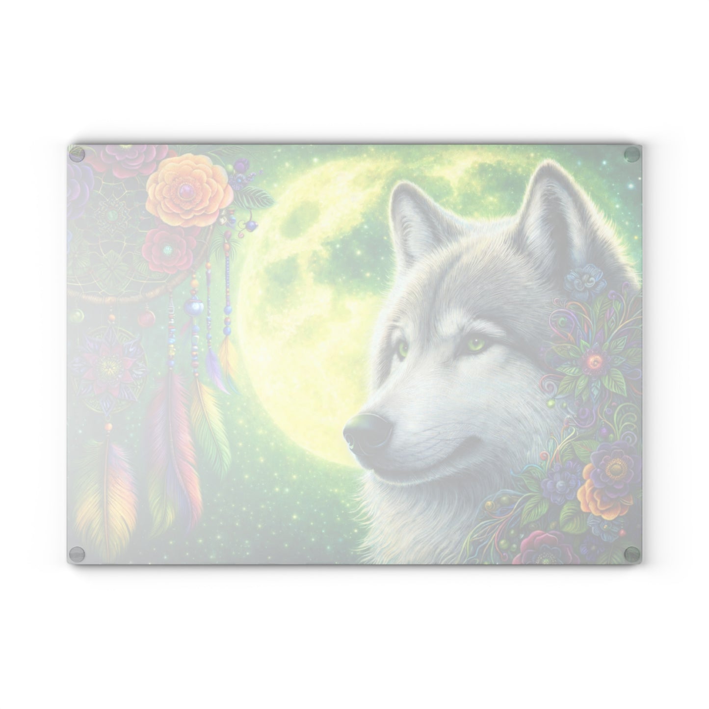 Moonlit Spirit Wolf Glass Cutting Board – Colorful Dreamcatcher Wildlife Kitchen Art