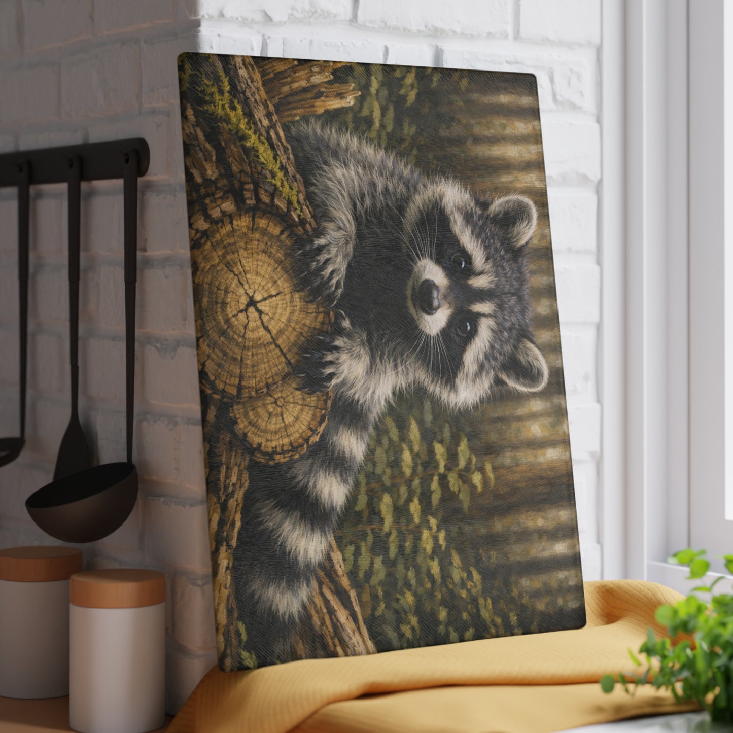 Raccoon Woodland Glass Cutting Board – Forest Wildlife Artwork