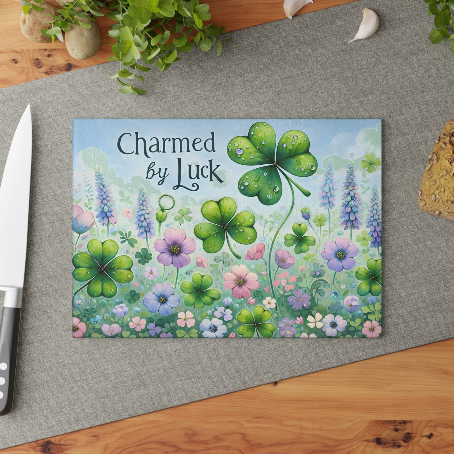 Charmed by Luck Floral Shamrock Glass Cutting Board – Whimsical St. Patrick’s Day Kitchen Art